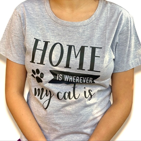Tops - Home is Wherever My Cat is T-Shirt Grey Size Medium